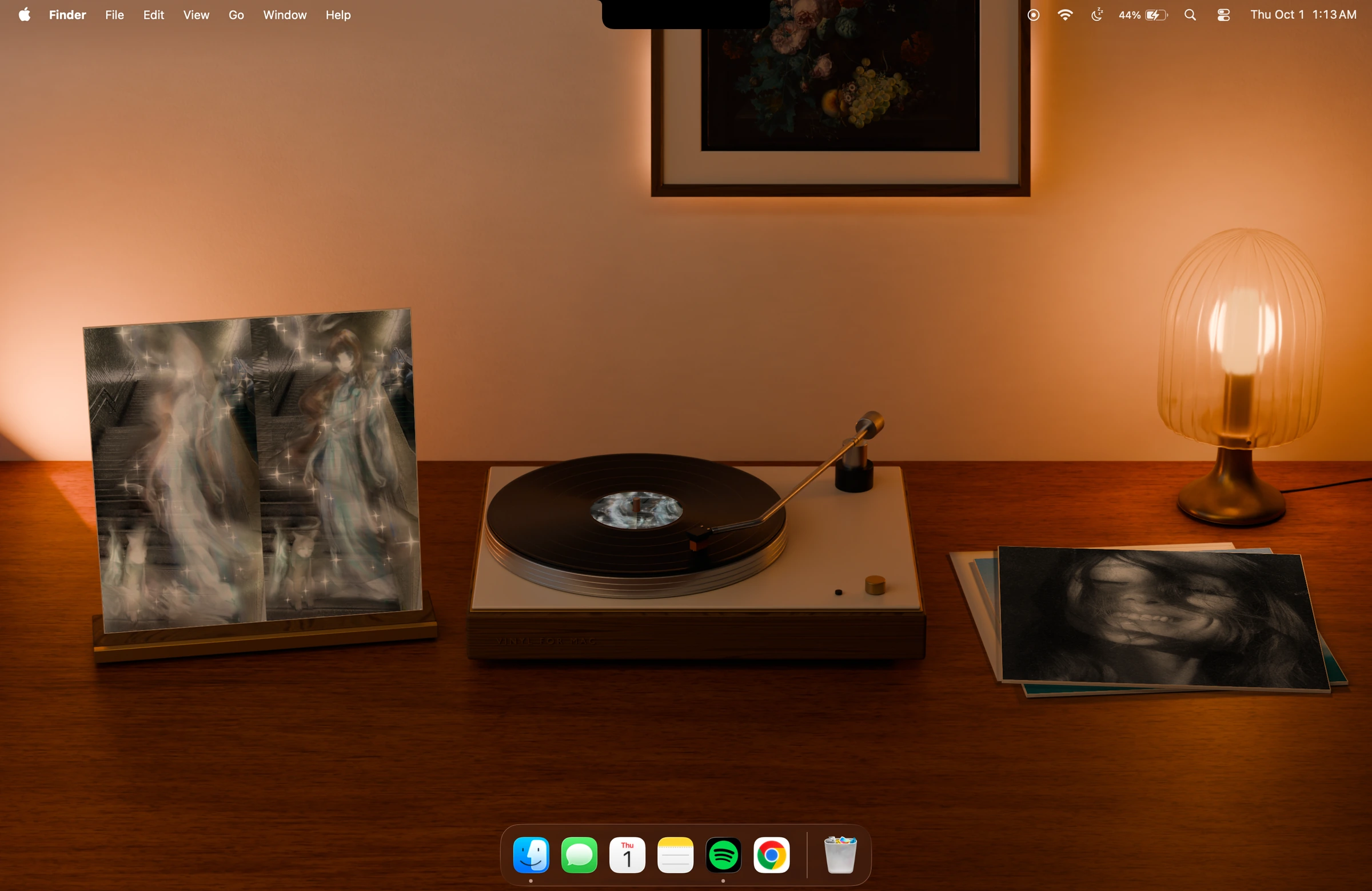 After Hours: the listening setup at night, lit by a glowing glass lamp and warm amber light.